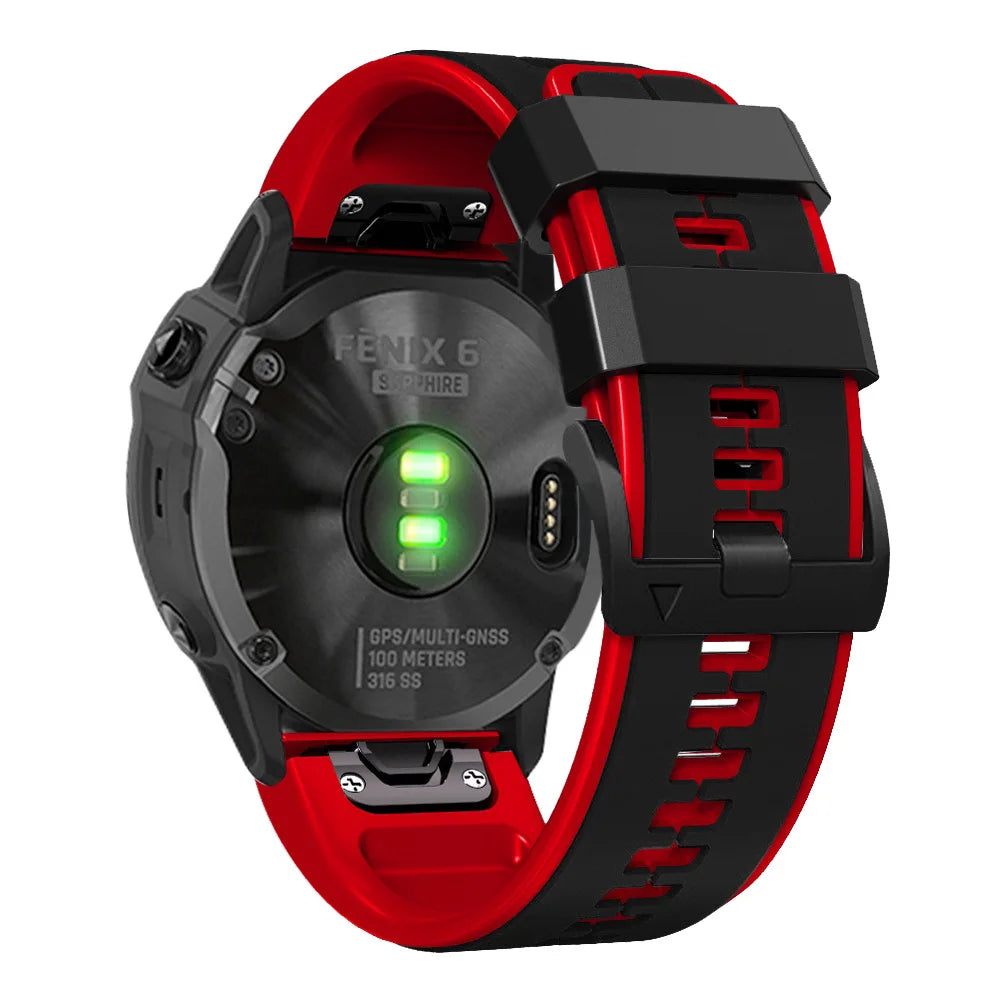 Garmin QuickFit Contrast-Panel Silicone Band black and red strap shown from the underside of a watch