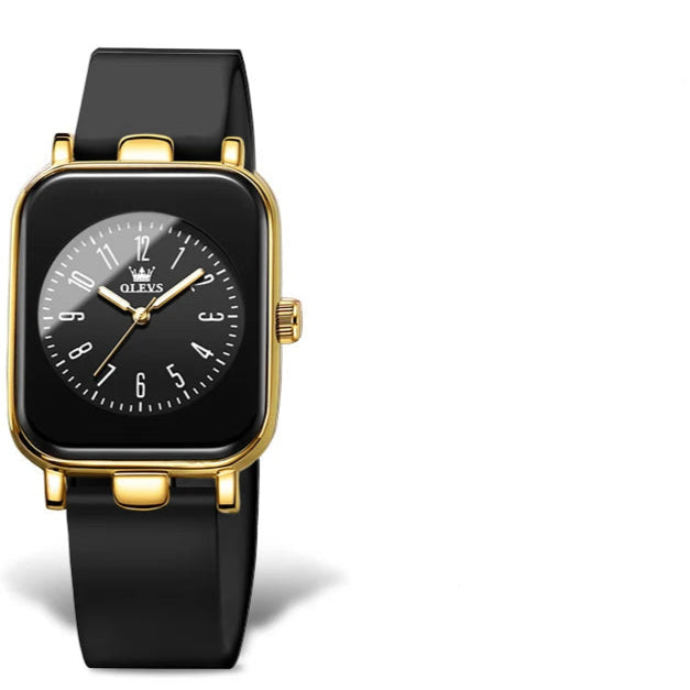 Women's Rectangular Silicone Quartz Watch — Black strap with gold-tone case — BandsCo Straps