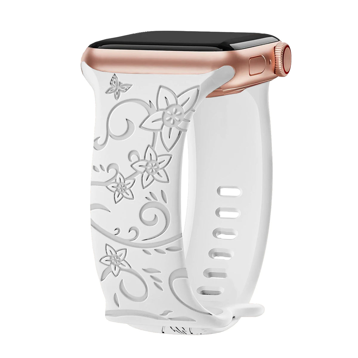 Engraved Botanical Silicone Apple Watch Band in White / Floral Scroll