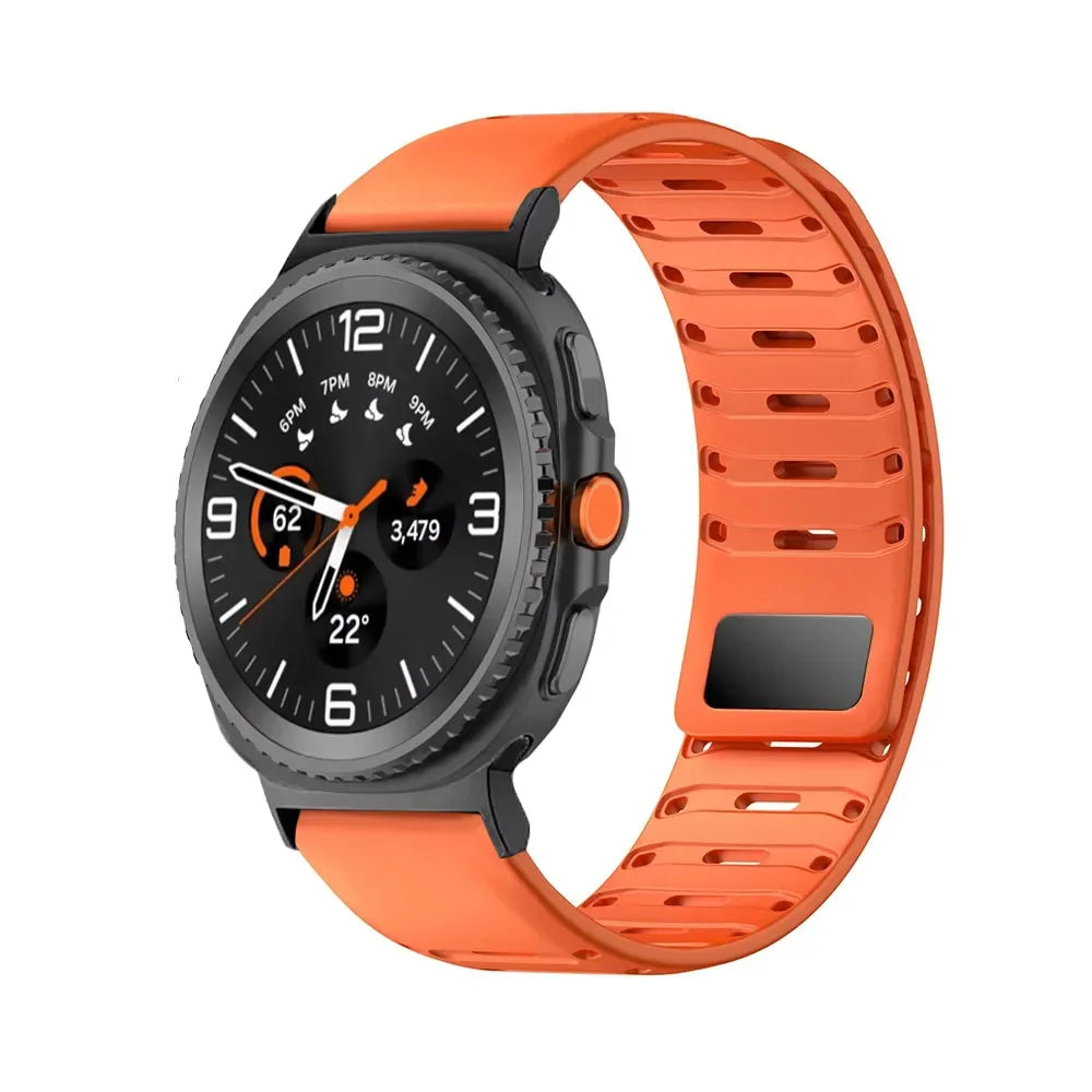 Samsung Galaxy Silicone Watch Band - Magnetic Watch8/Watch8 Classic/Watch9/Ultra/Ultra2 in orange with breathable design.
