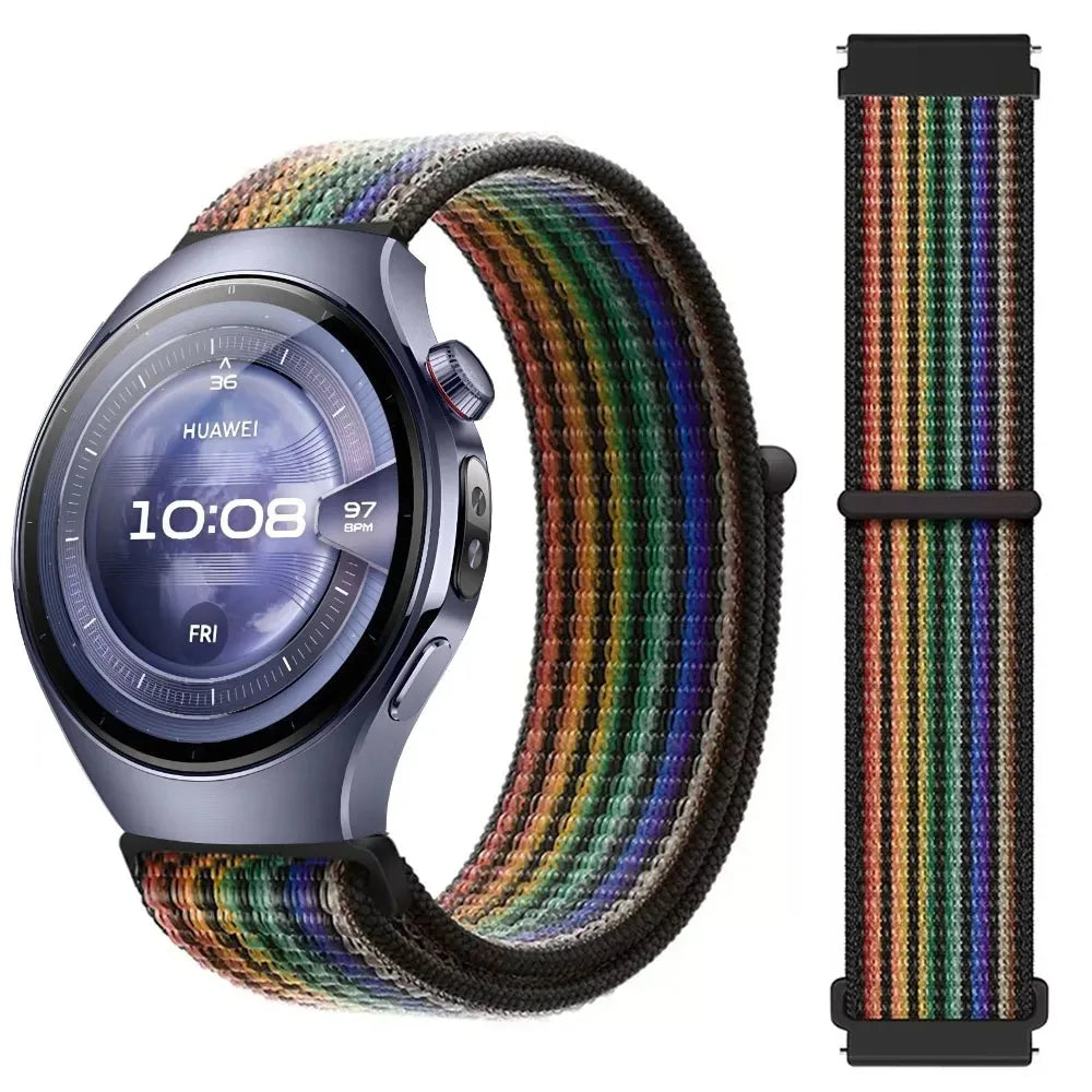 OnePlus Smartwatch Band Nylon Weave Loop Strap Bracelet Adjustable Comfort with colorful design on a smartwatch.