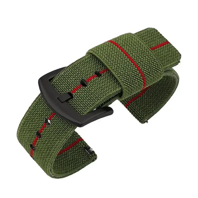 Woven Nylon Band with Fabric Keepers in Army Green / Red Stripe / Black Buckle for compatible Huawei watches