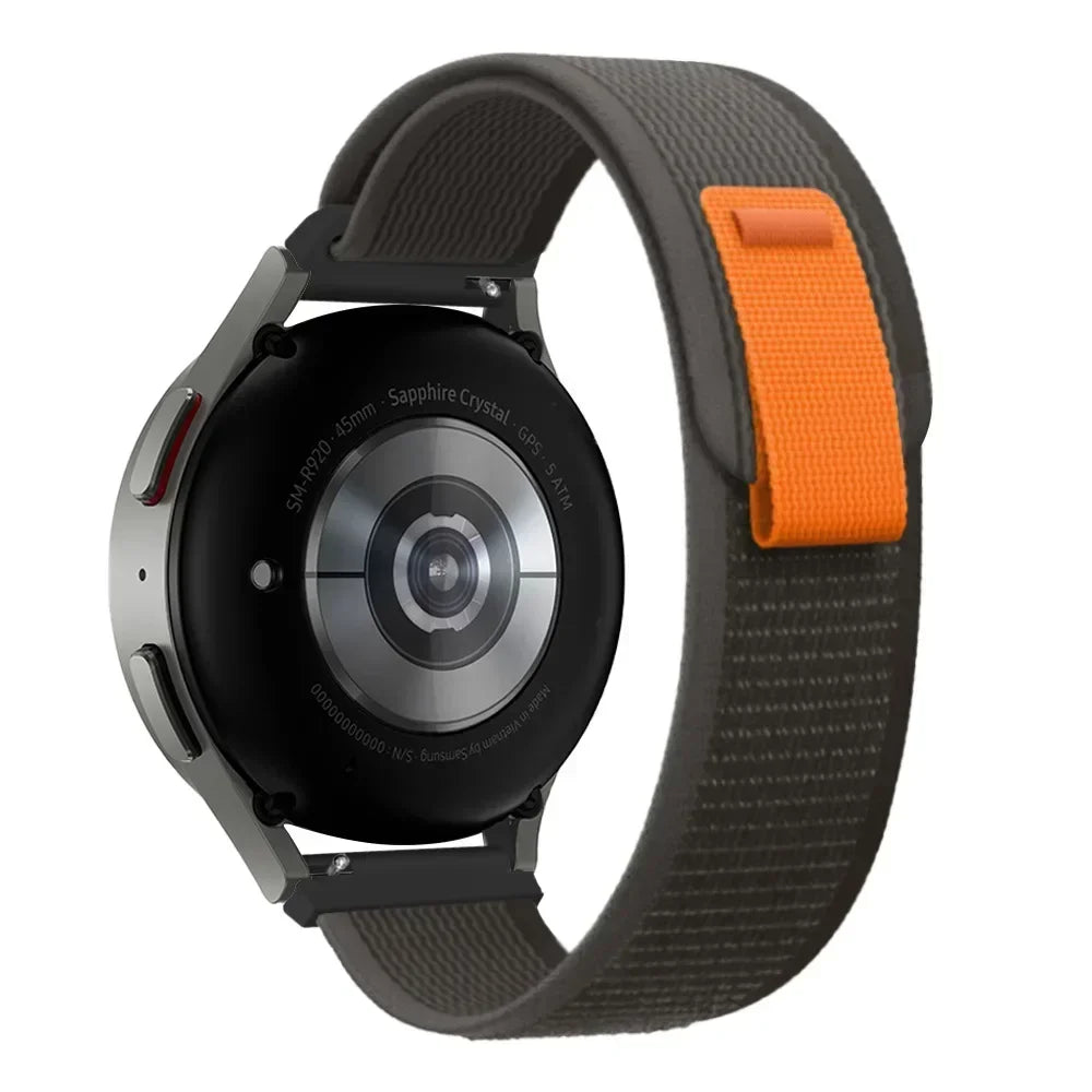 OnePlus Smartwatch Nylon Loop Band Replacement Strap Sport Adjustable on a smartwatch with gray and orange strap.