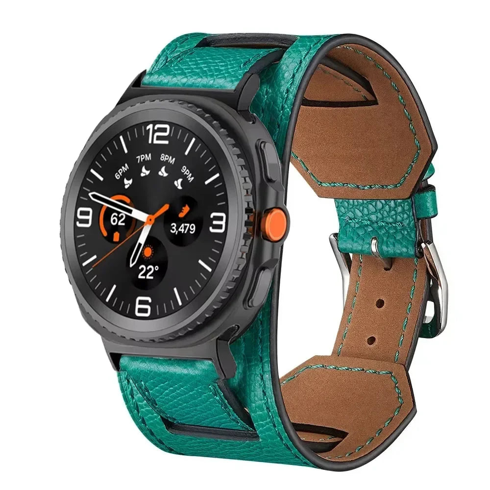 Samsung Galaxy Leather Watch Band - Watch8/Watch8 Classic/Watch9/Ultra/Ultra2 in malachite green color on smartwatch