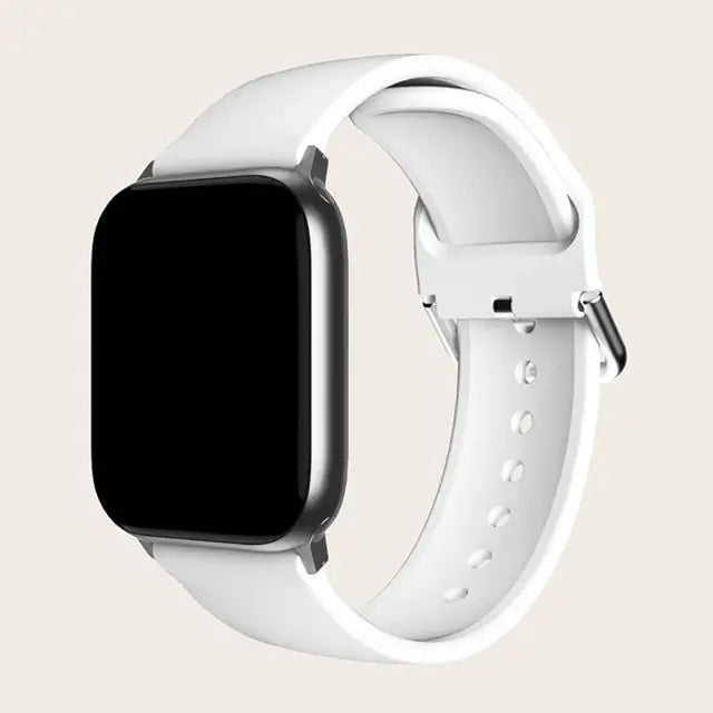 White Apple Watch band with buckle and adjustment holes.