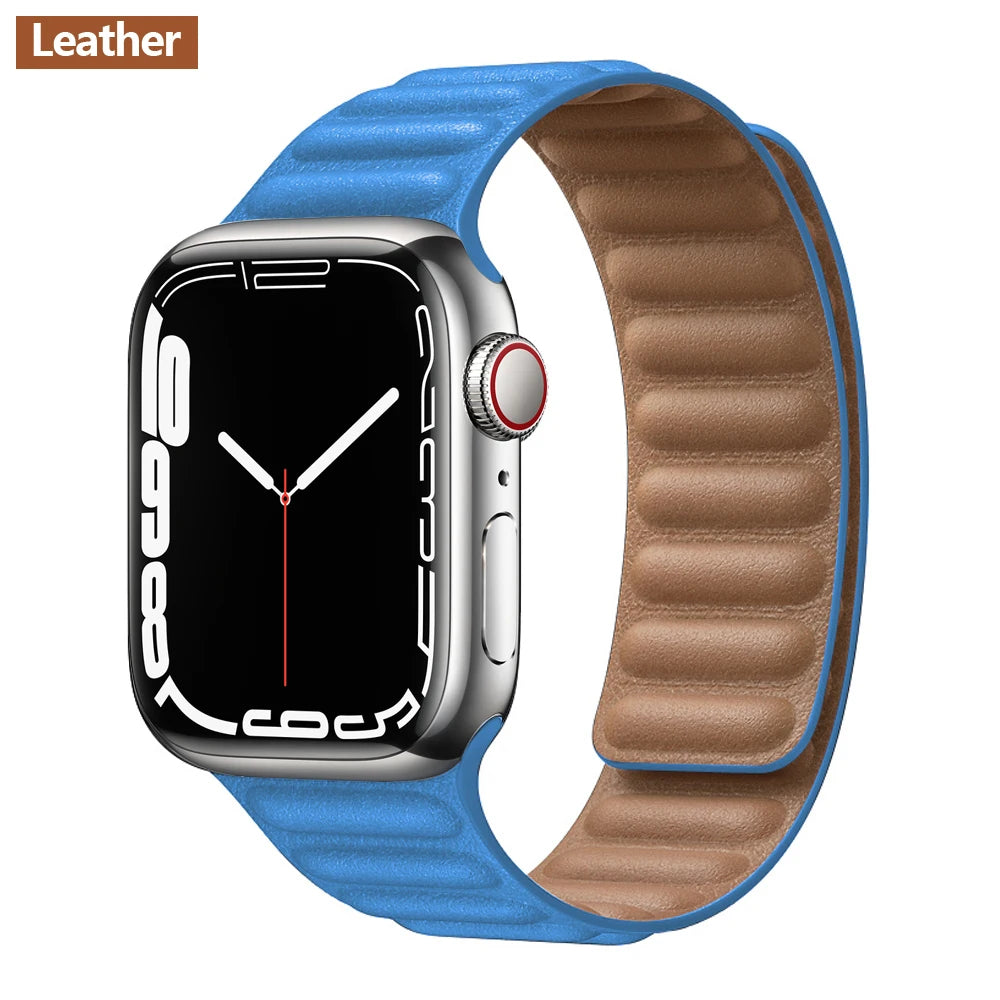 Magnetic Apple Watch Link Band - Leather & Silicone in Leather / Bright Blue