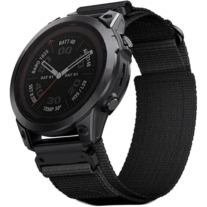 Garmin QuickFit Nylon Loop Band with Orange Tab black nylon band shown on a watch