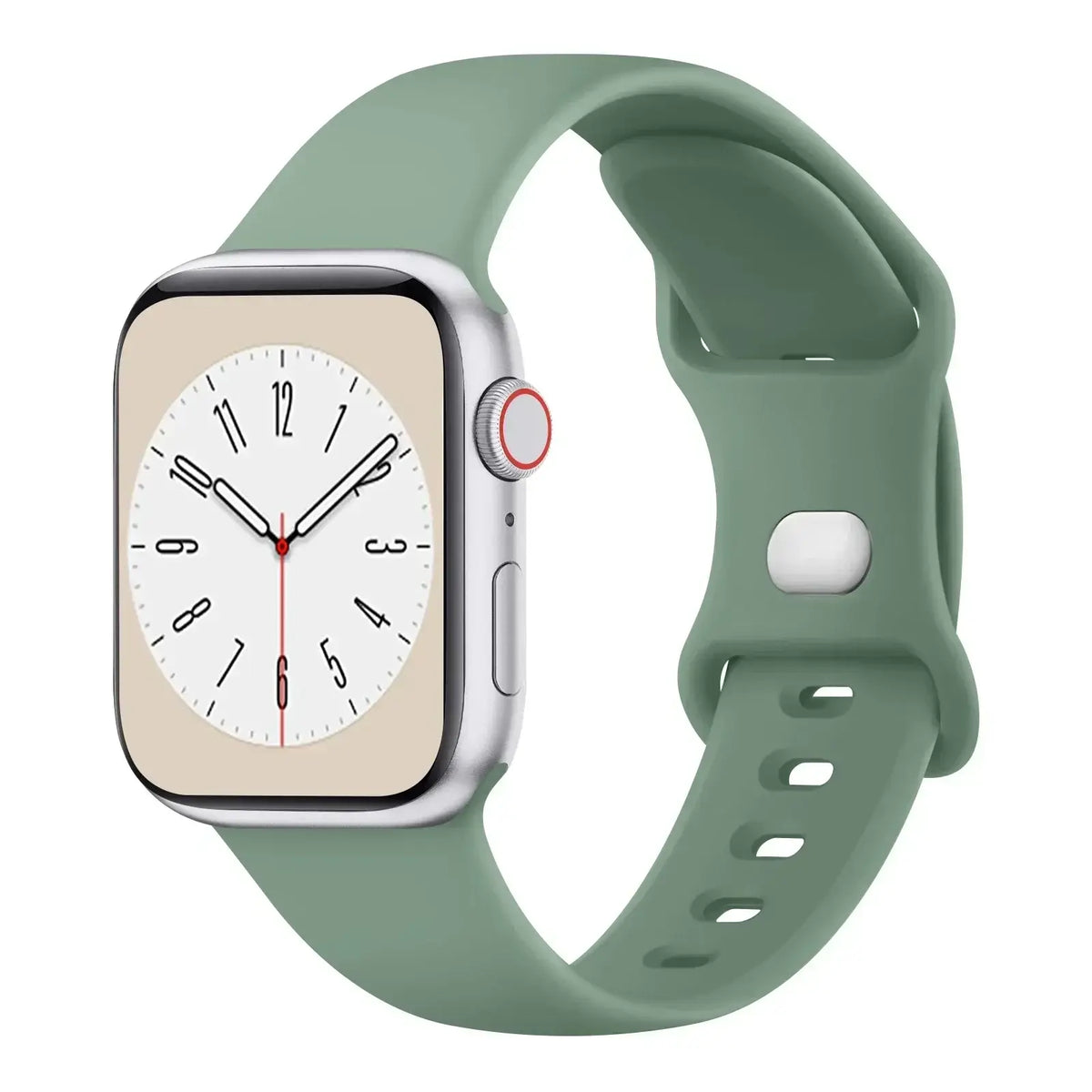 Sage Green slim silicone Apple Watch band with pin-and-tuck fastening