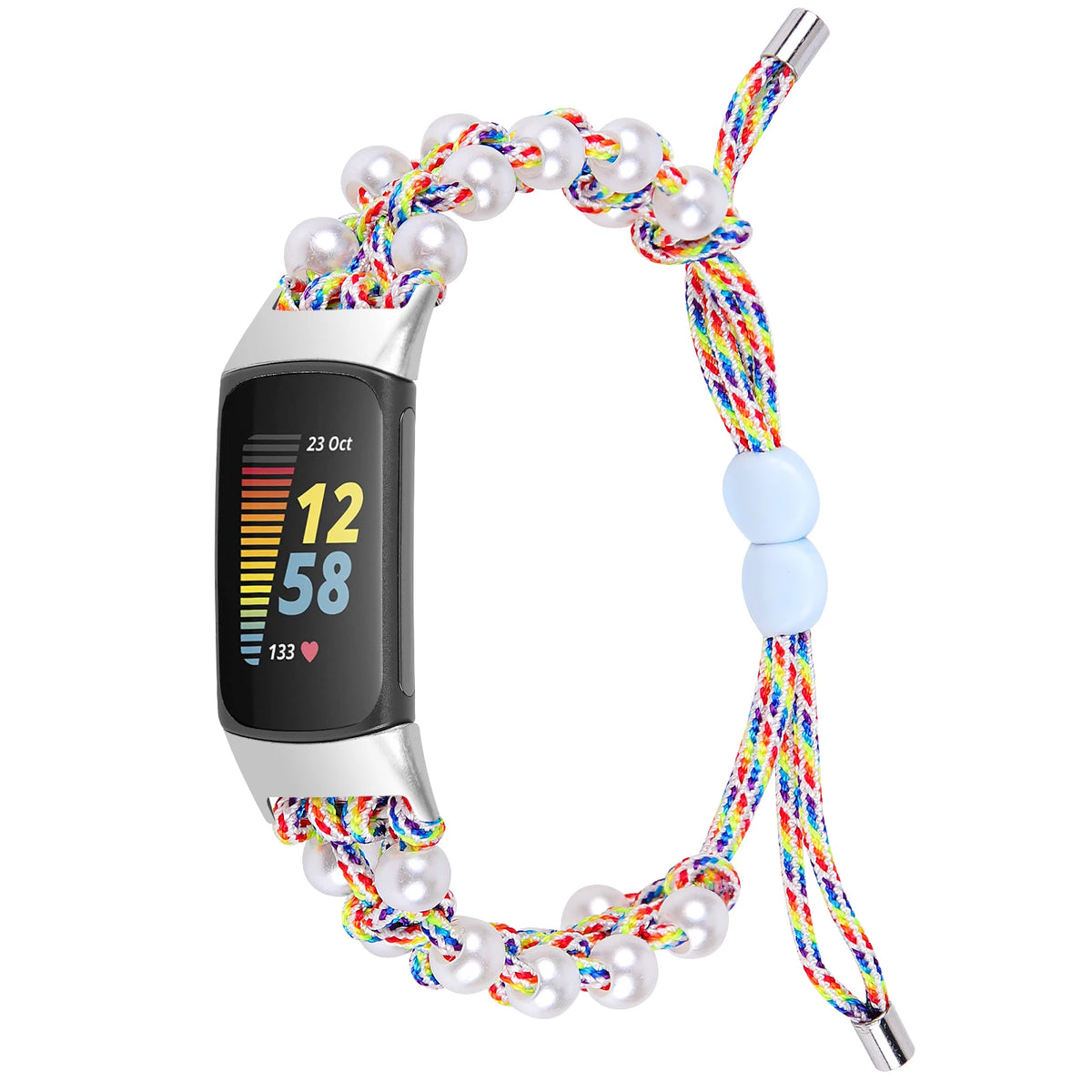 Rainbow Fitbit Charge 6, 5, 4, 3 and 2 Braided Rope Band with Pearl-Style Beads