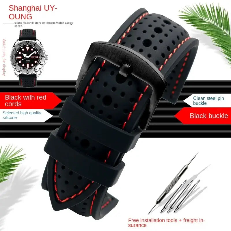 TicWatch Perforated Silicone Band with Stitching - Black / Red Stitching / Black Buckle