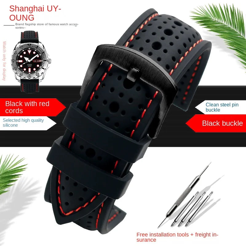 Motorola Moto Perforated Silicone Band with Contrast Stitching — Black / Red Stitching / Black Buckle