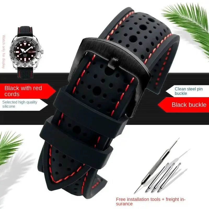 Suunto Perforated Silicone Band with Stitching - Black / Red Stitching / Black Buckle