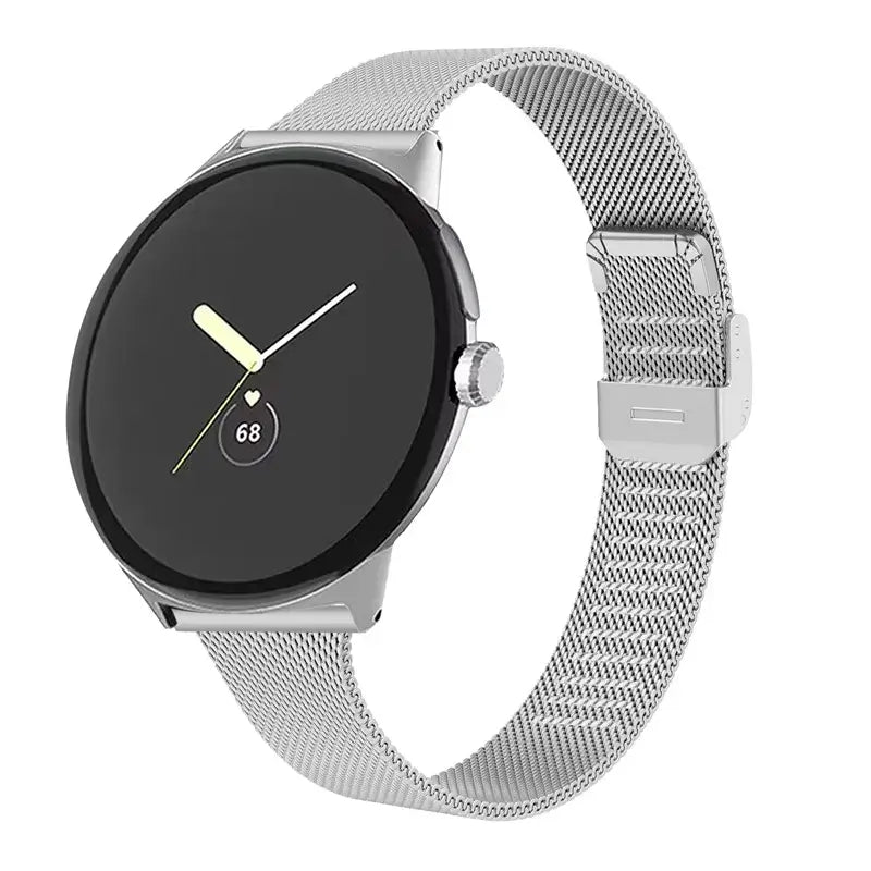 Silver mesh Pixel Watch band with clasp closed