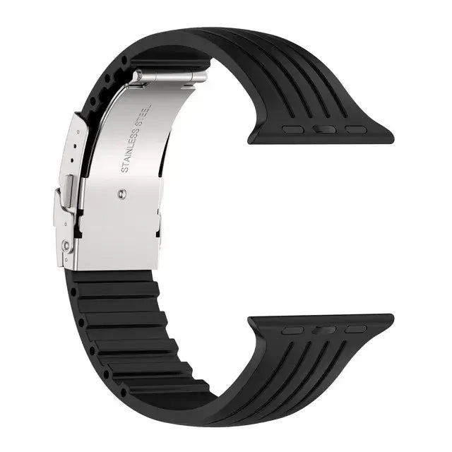 Black grooved silicone Apple Watch band with folding clasp