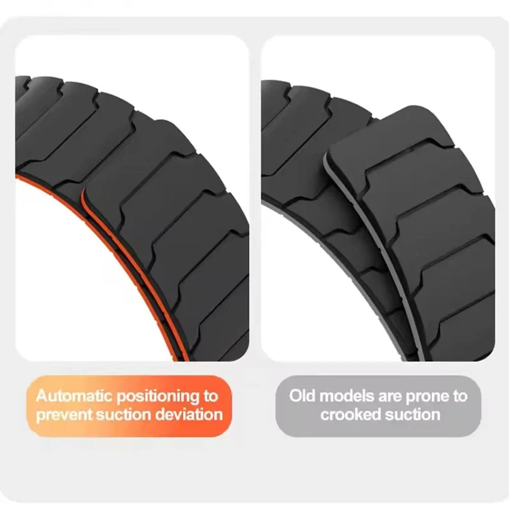 Comparison image of tire tread with automatic positioning and old models, highlighting prevention of suction deviation.