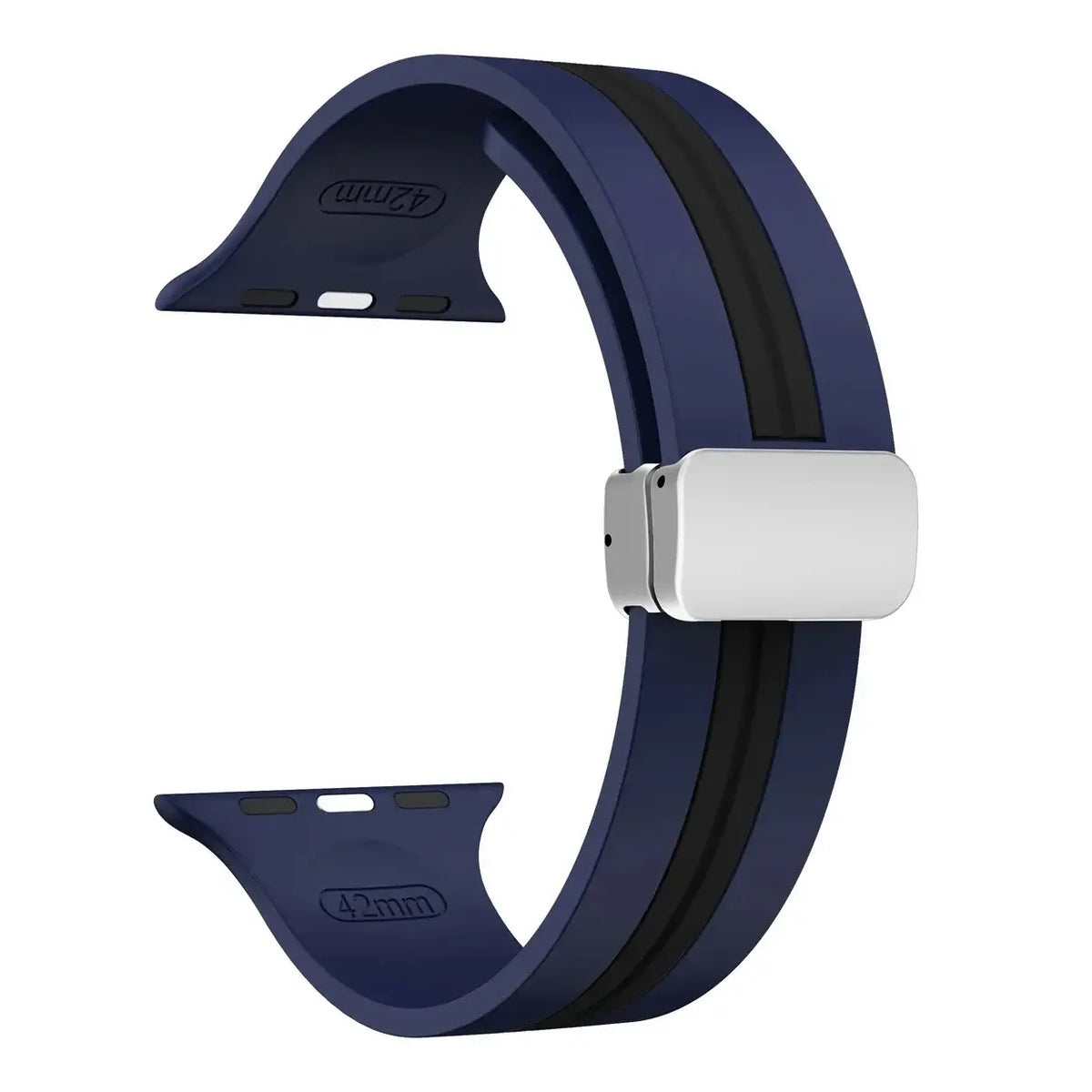 Navy / Black - Silver Clasp striped silicone Apple Watch band with magnetic clasp