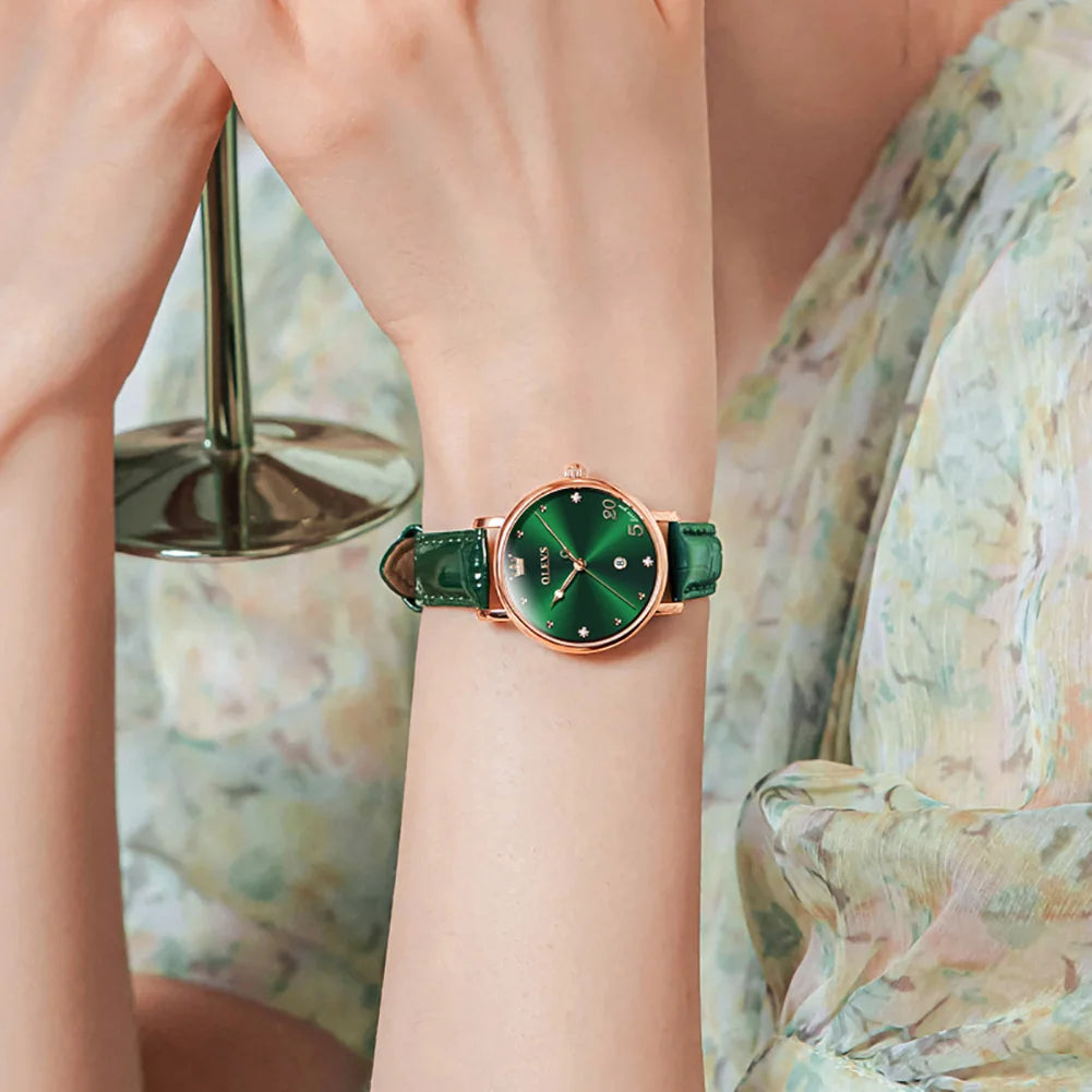 Women's Glossy Leather Date Watch — Glossy green watch on wrist — BandsCo Straps