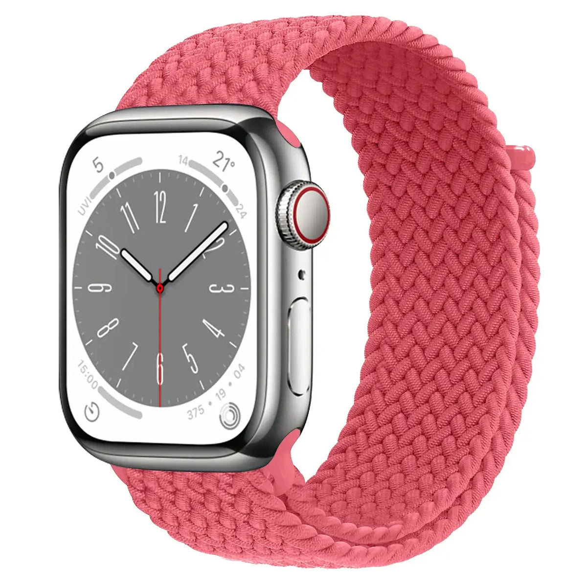 Rose Pink braided nylon Apple Watch band with hook-and-loop closure