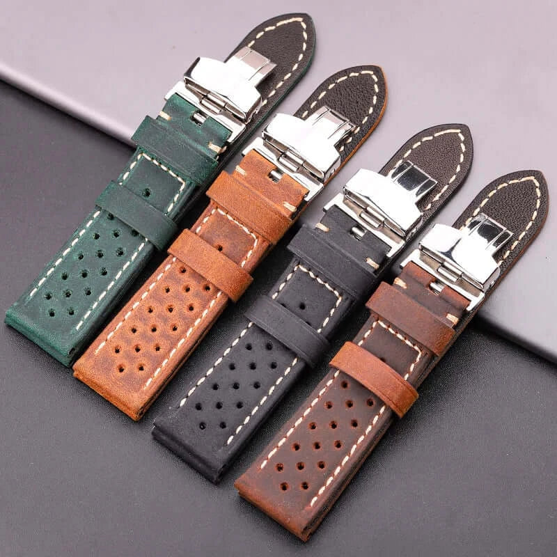 Perforated leather bands with folding clasps in four colors