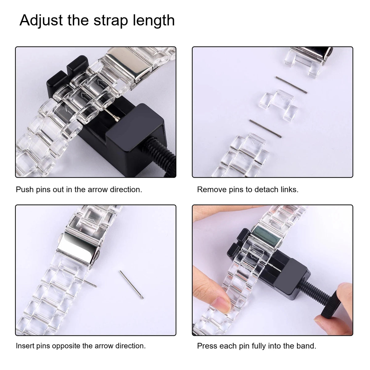 Adjusting the strap length of the Samsung Galaxy Clear Plastic Link Watch Band – For Watch8/Watch8 Classic/Watch9/Ultra/Ultra2.