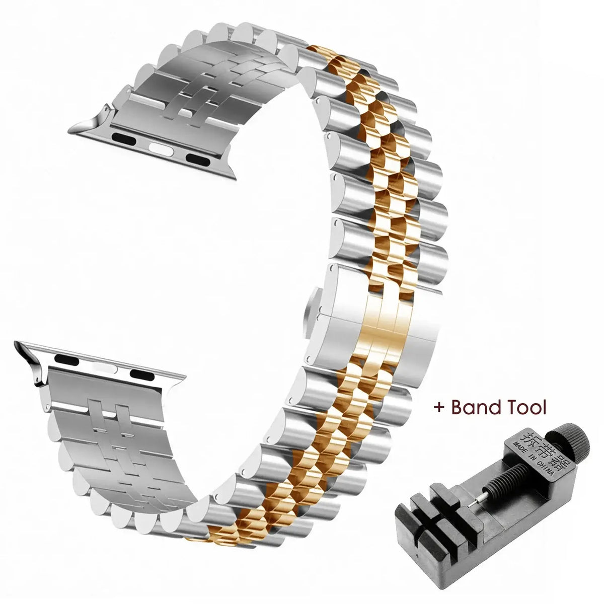 Silver / Gold five-row stainless steel Apple Watch band with adjustment tool