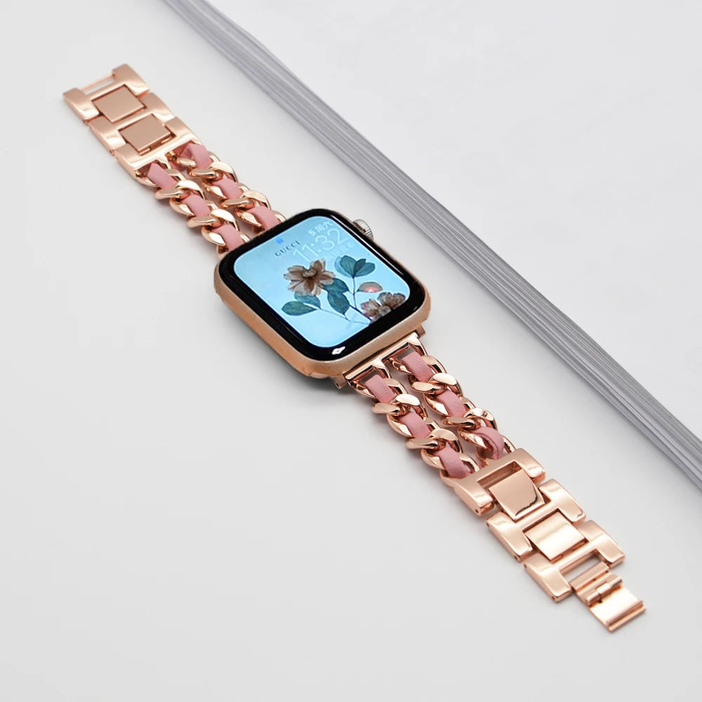 Woven-Accent Chain Apple Watch Bracelet Band in Rose Gold / Pink