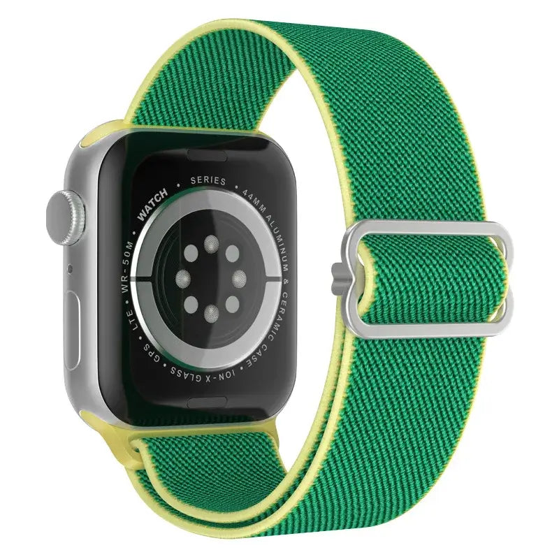 Green nylon Apple Watch band with yellow edging