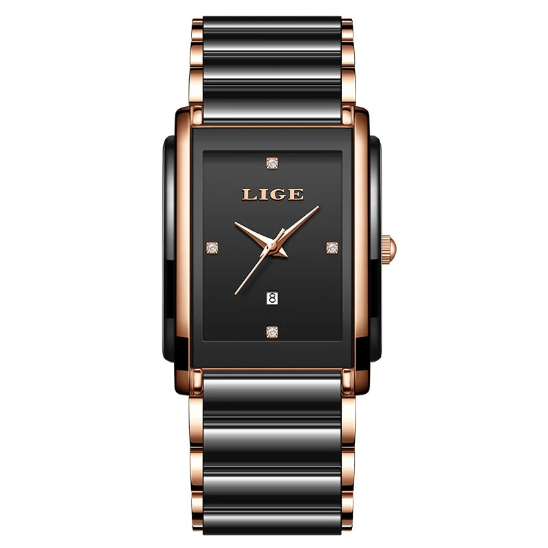 Women's Rectangular Ceramic Quartz Date Watch — Black / Rose Gold-Tone Accents