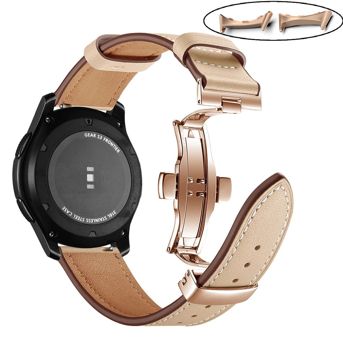 Black - Rose Gold Clasp Google Pixel Watch 5, 4 and 3 45mm Leather Band, Butterfly Clasp