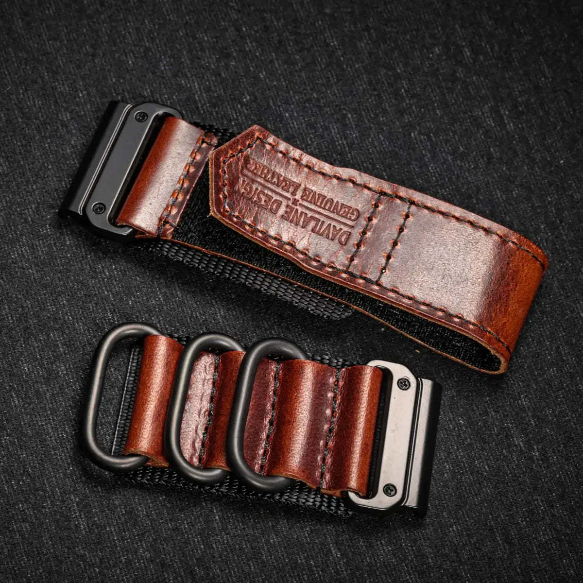 Garmin QuickFit Leather and Nylon Loop Band brown band laid flat showing leather panels and rings