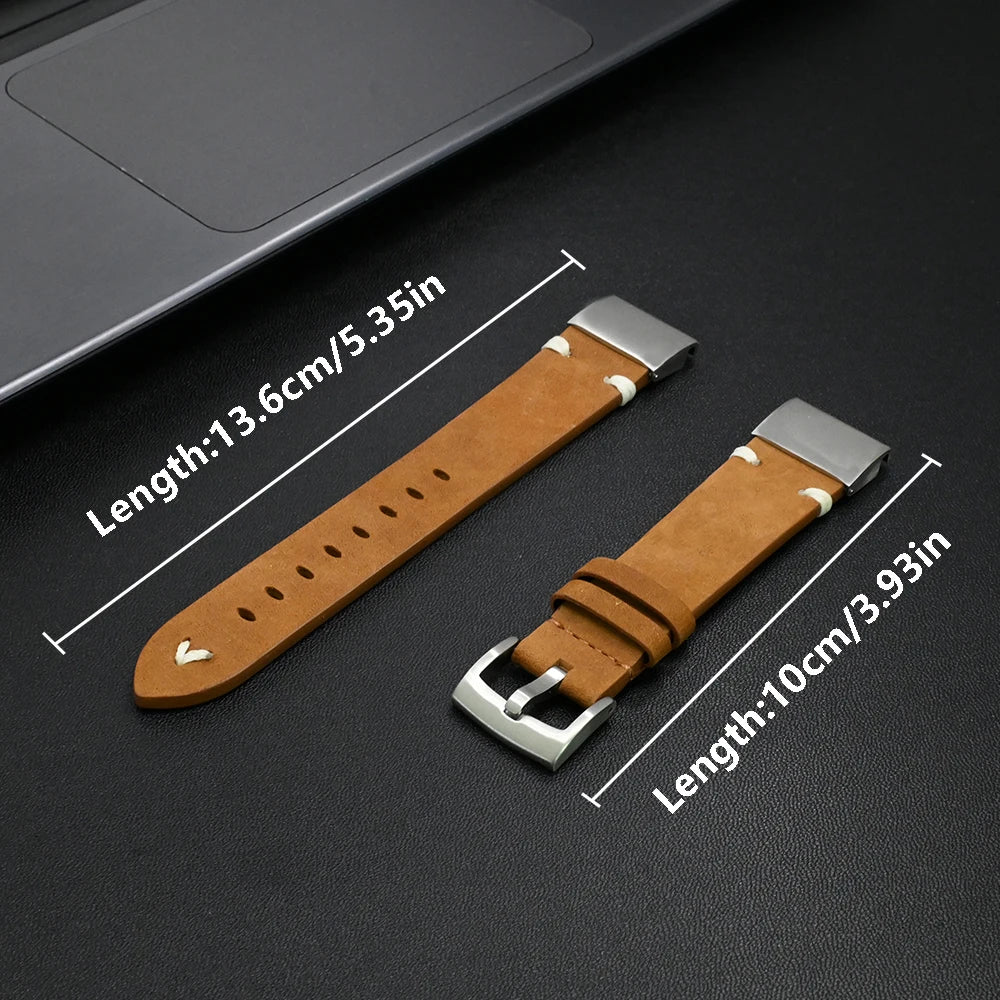 Garmin QuickFit Leather Band with Stitch Accents tan leather strap length diagram