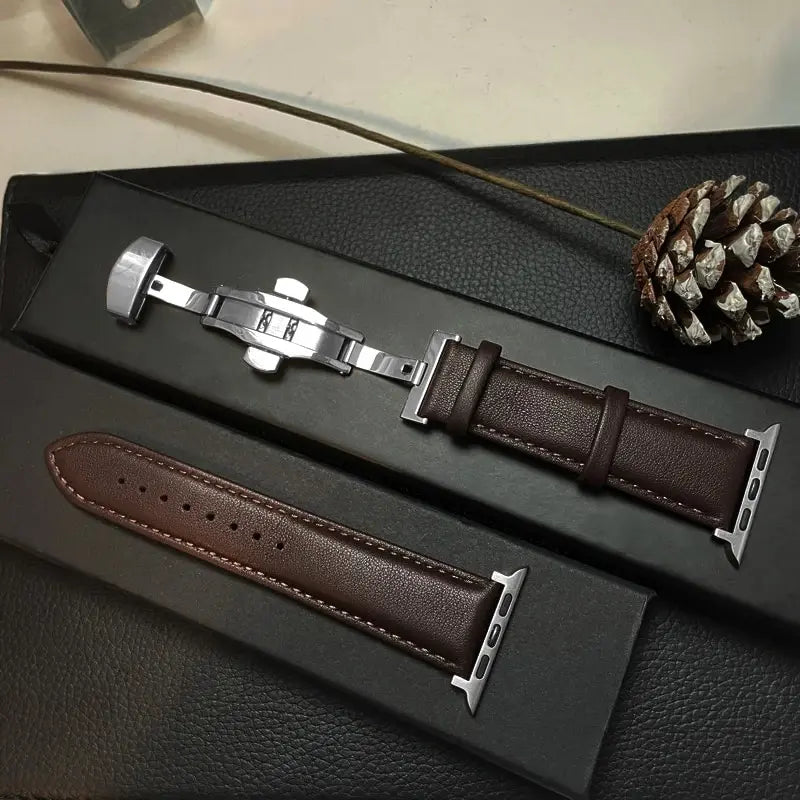 Leather Apple Watch Band with Folding Clasp in Silver / Dark Brown
