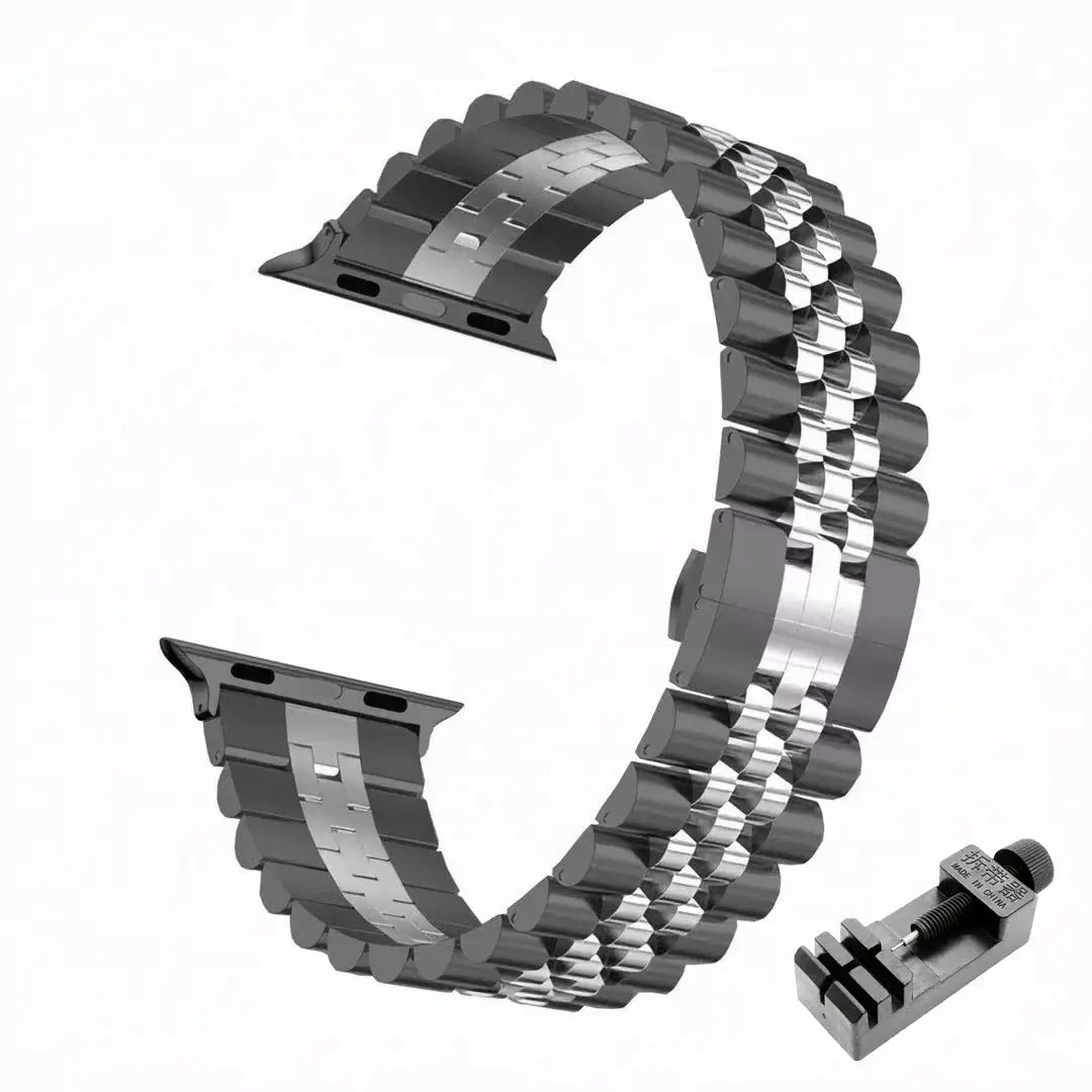 Black / Gold five-row stainless steel Apple Watch band with adjustment tool