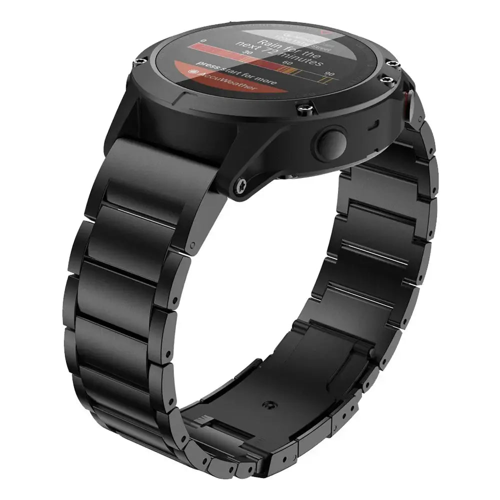 Garmin QuickFit Metal Link Band black wide-link bracelet shown on a watch