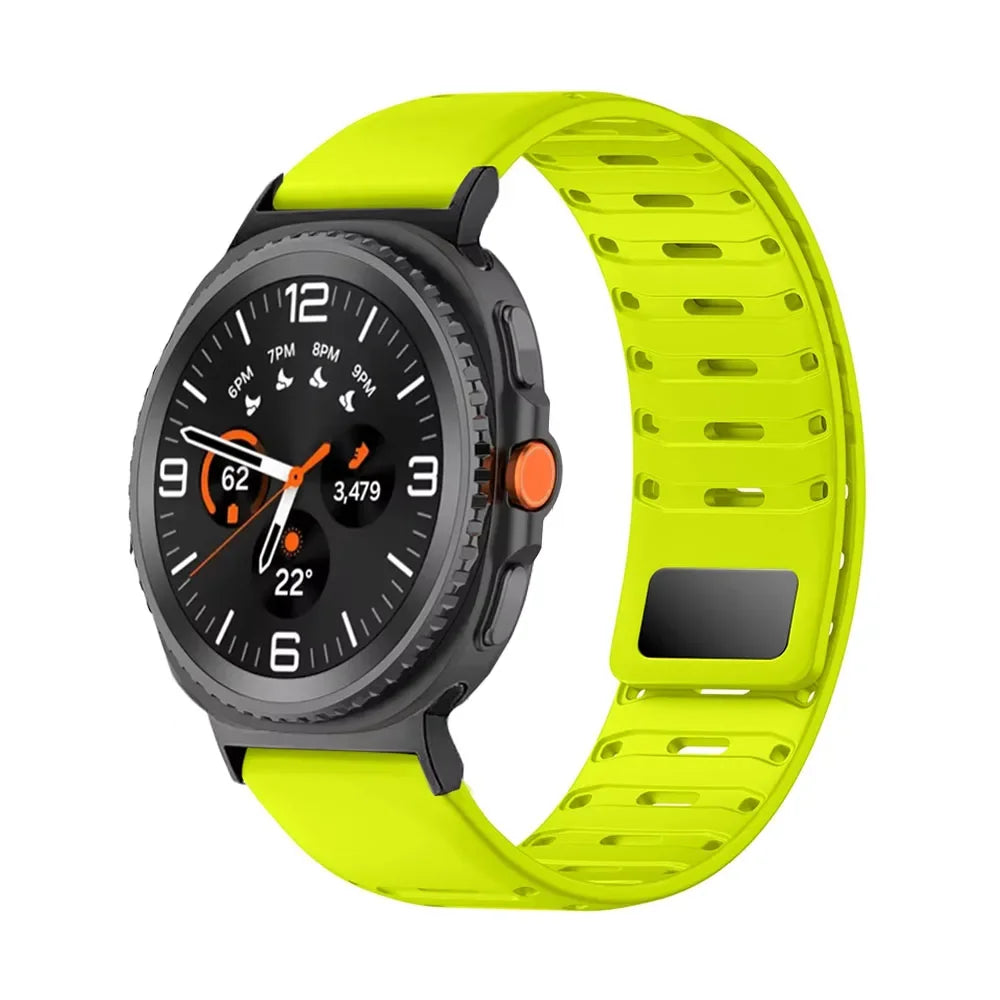 Samsung Galaxy Silicone Watch Band - Magnetic Watch8/Watch8 Classic/Watch9/Ultra/Ultra2 in fluorescent green showcasing breathable design.