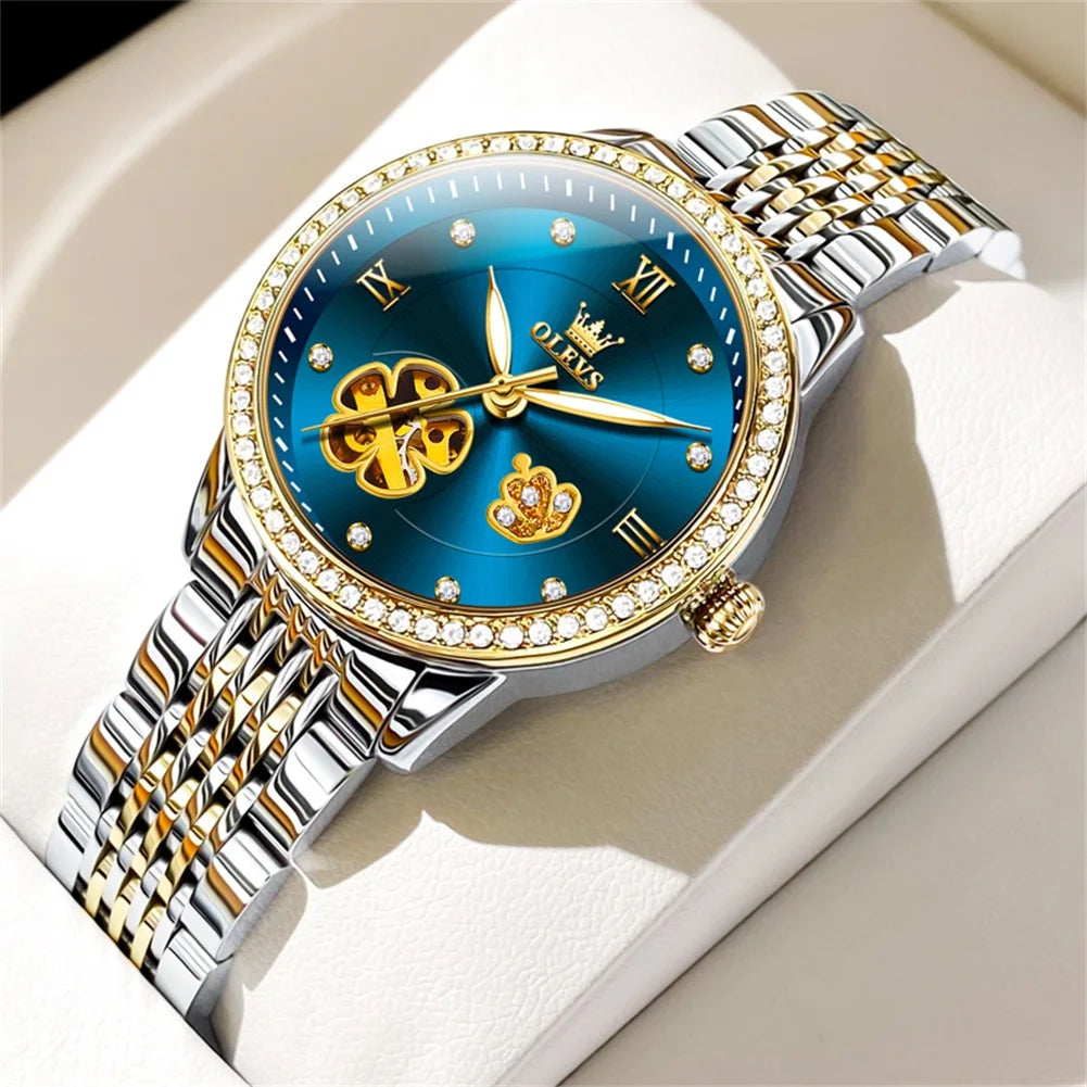 Women's Floral Openwork Automatic Bracelet Watch — Blue — BandsCo Straps