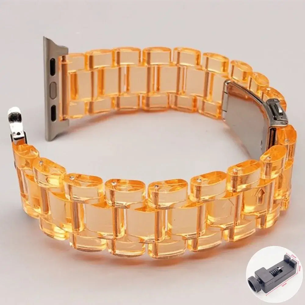 Clear Orange resin Apple Watch link band with adjustment tool