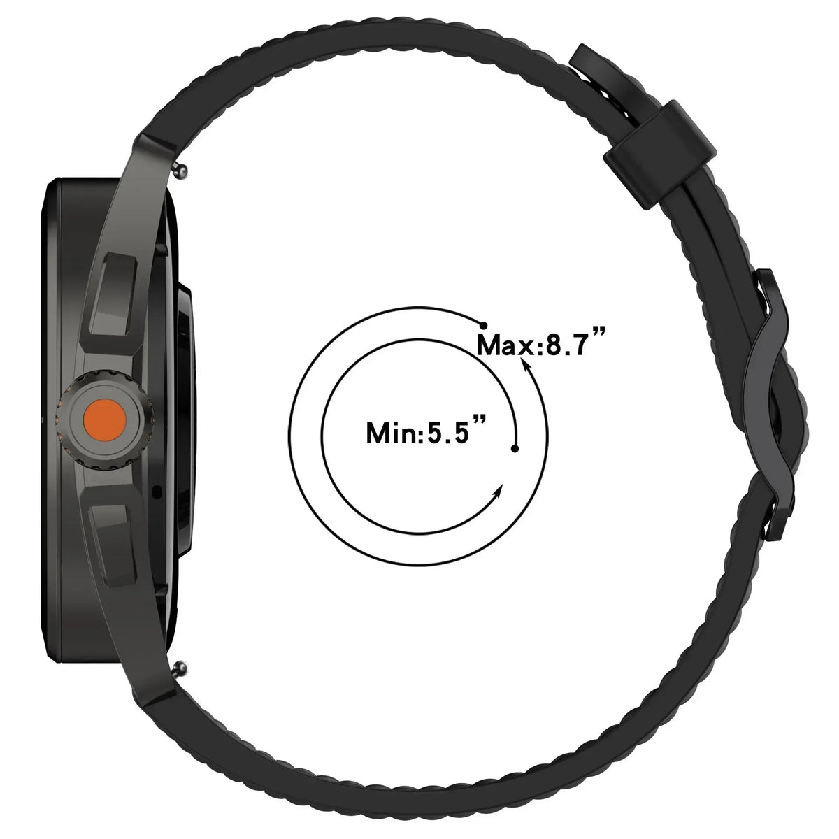 OnePlus Smartwatch Silicone Band Sport Strap Replacement Watch Accessory showing adjustable size from 5.5" to 8.7".