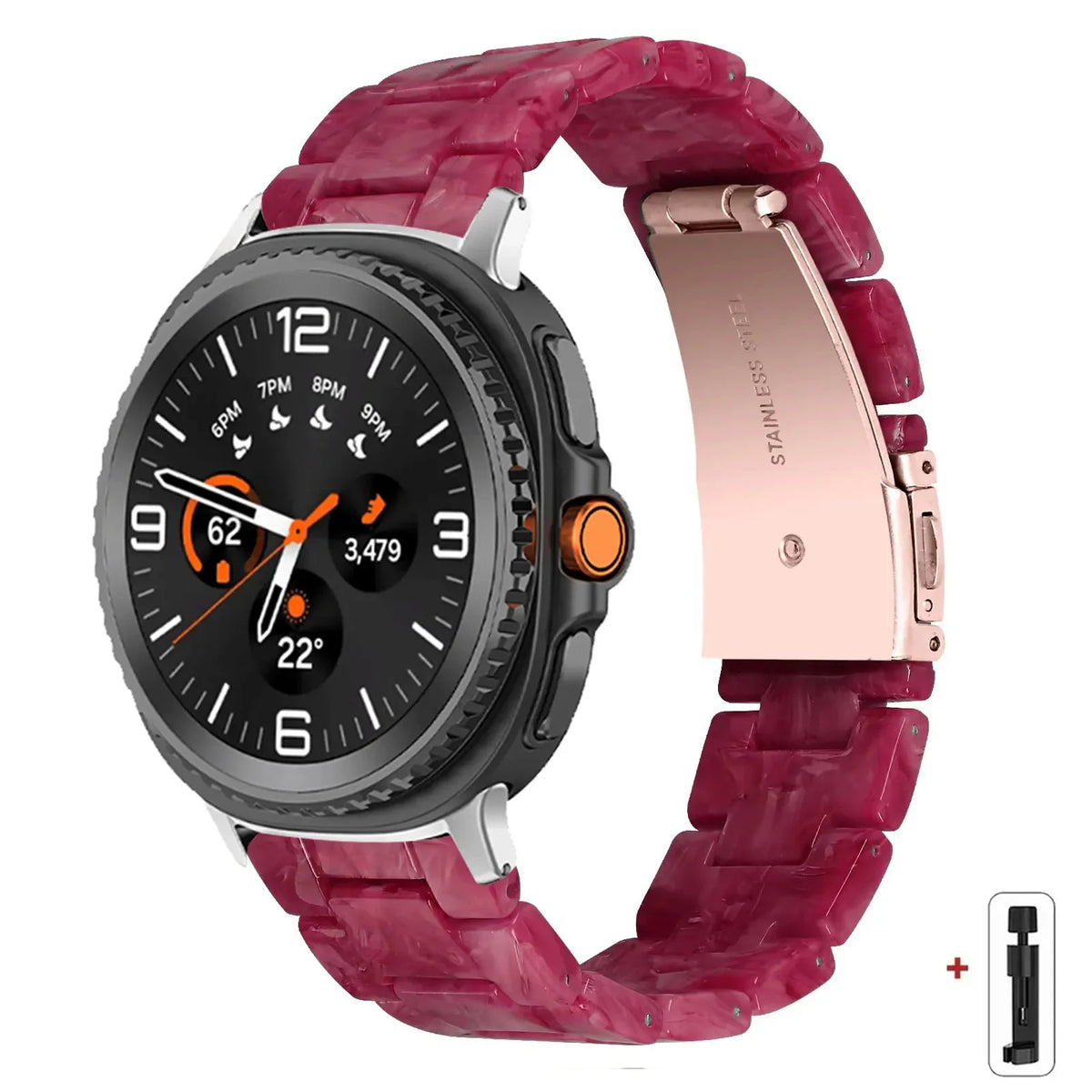 Samsung Galaxy Resin Link Watch Band - Tortoise Women Watch8/Watch8 Classic/Watch9 Ultra/Ultra2 in MarbleR color with stainless steel clasp.