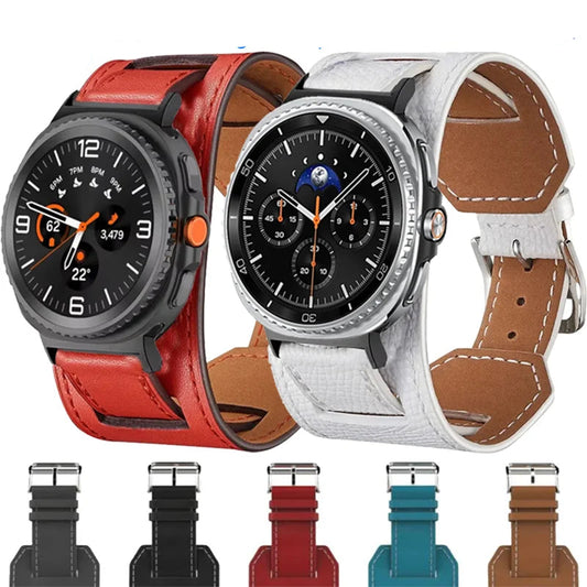Samsung Galaxy Leather Watch Band - Watch8/Watch8 Classic/Watch9/Ultra/Ultra2 in red and white colors with interchangeable straps.