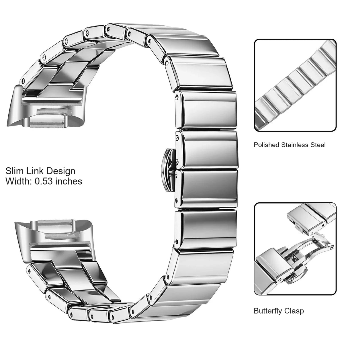 Fitbit Charge 5 and 6 Slim Stainless Steel Link Band, Silver — product detail