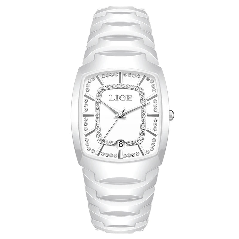 Women's Ceramic Tonneau Crystal Dial Watch — White / Silver-Tone Accents