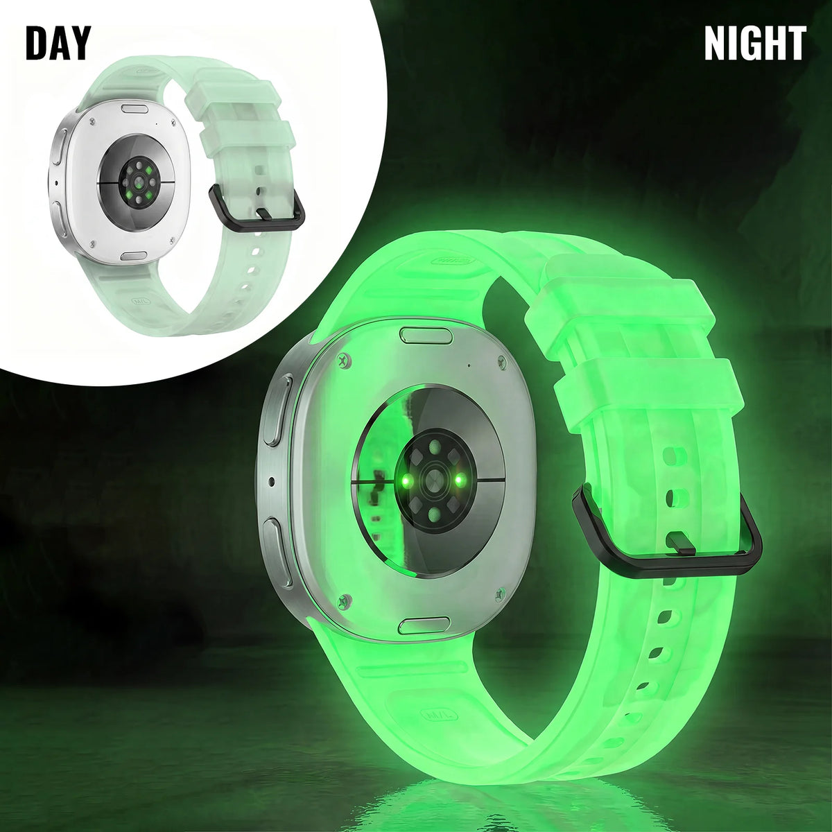 Samsung Galaxy Luminous Silicone Watch Band - Watch8/Watch8 Classic/Watch9 Neon Glow Strap in green, glowing at night.