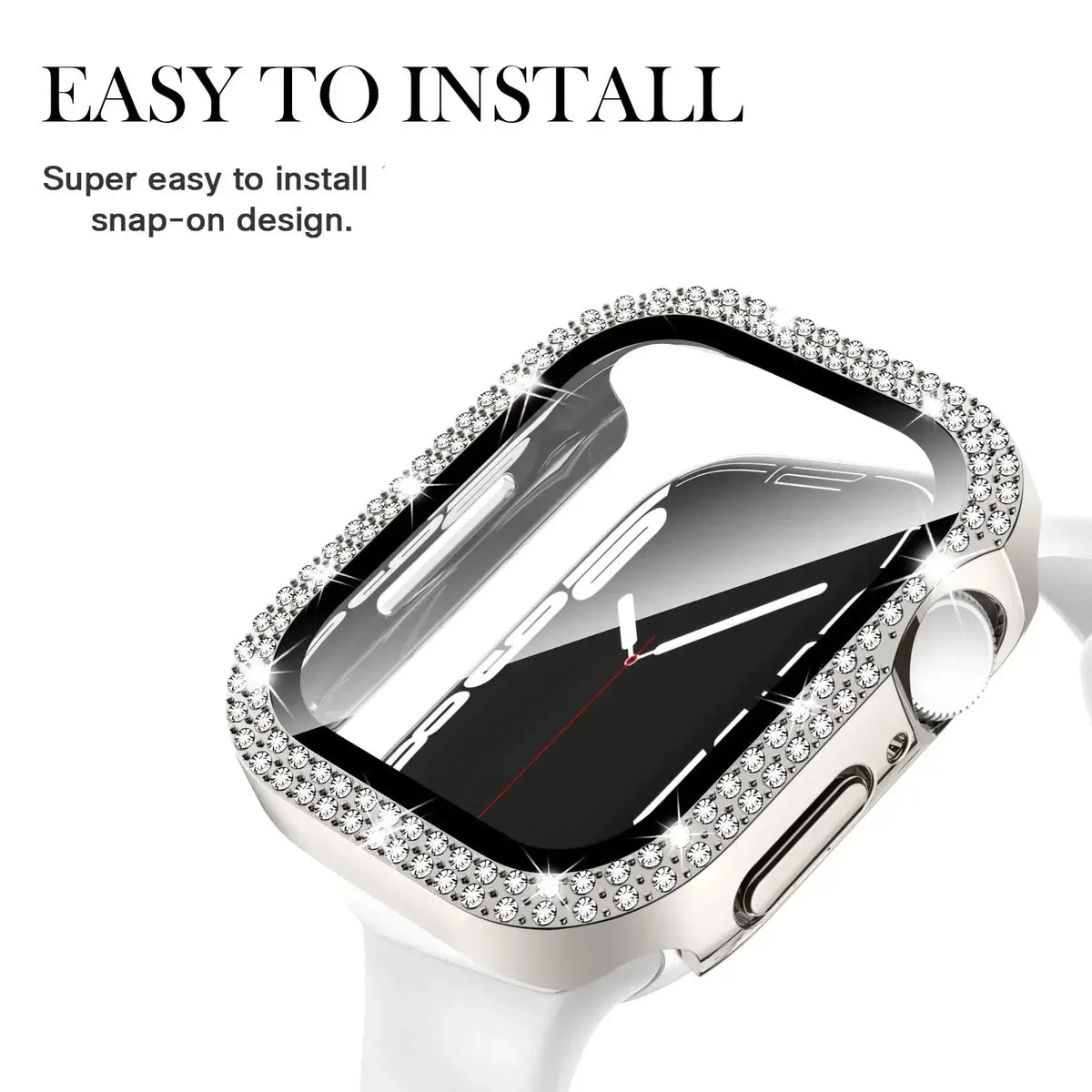 Elegant snap-on Apple Watch case with sparkling design, showcasing easy installation and stylish protection.