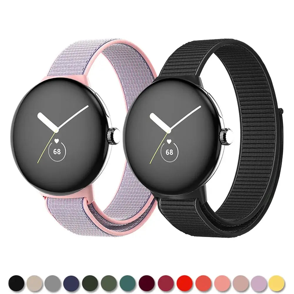Mauve and black fabric Google Pixel Watch loops with color swatches