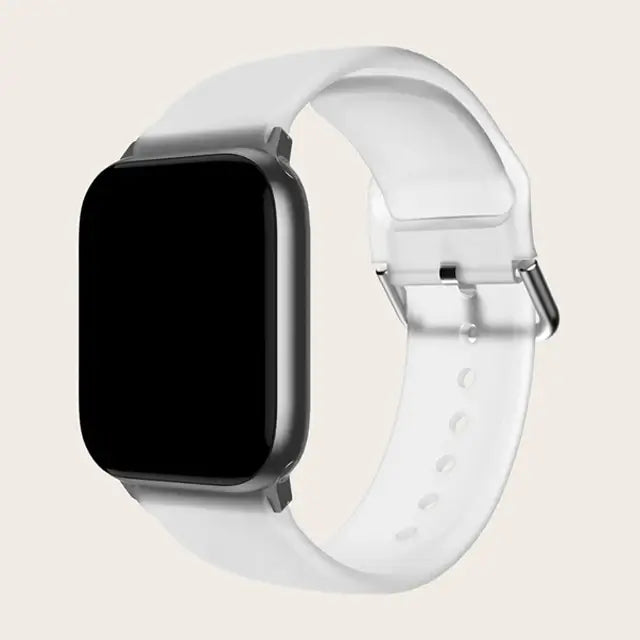Clear Apple Watch band with buckle and adjustment holes.