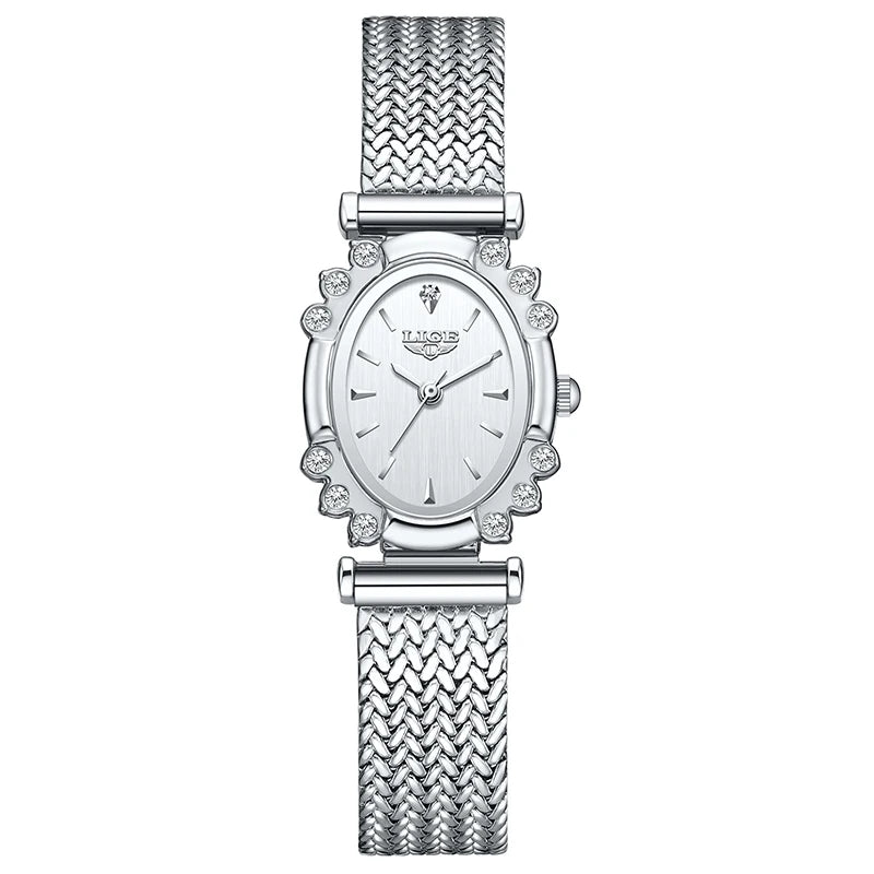Women's Oval Crystal Bezel Mesh Watch — Silver Tone / White Dial — BandsCo Straps