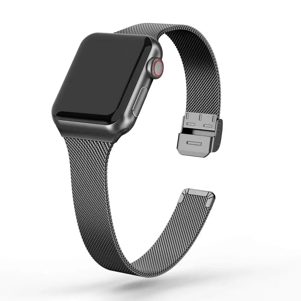 Black mesh band with clasp open for Apple Watch