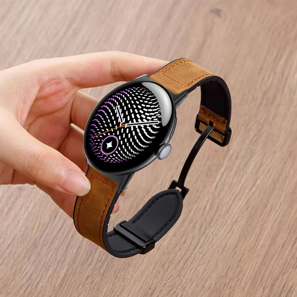 Brown Google Pixel Watch 5, 4 and 3 Leather and Silicone Band, Magnetic Clasp