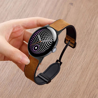 Brown Google Pixel Watch 5, 4 and 3 Leather and Silicone Band, Magnetic Clasp